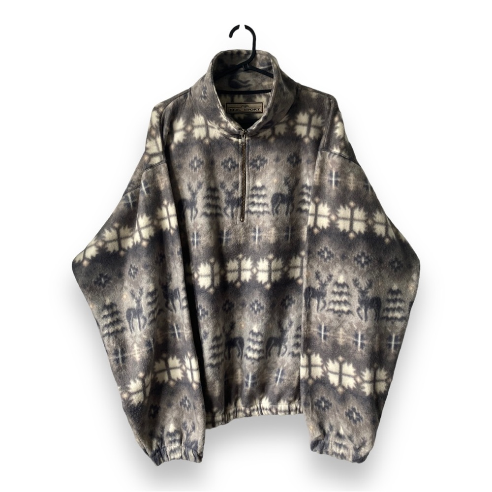 Vintage Grey & White Reindeer Patterned Fleece XL - Picture 1 of 8